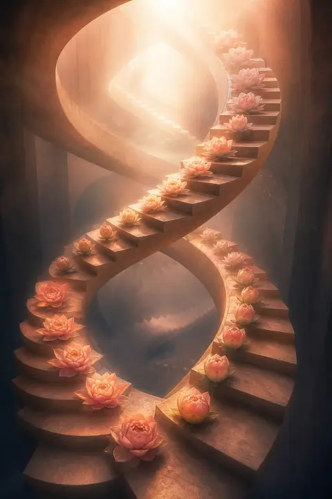 Escalera de caracol ascendiendo y descendiendo a la vez, horas del amanecer en cada peldaño, pétalos abriéndose y cerrándose en niebla melocotón simbolizando ciclo menstrual