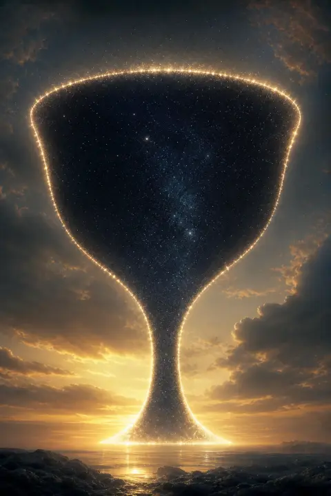Cáliz vacío sosteniendo cielo nocturno con luz estelar marcando su borde invisible, presencia respirante