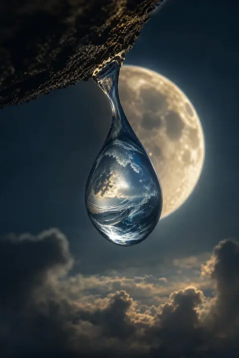 Gota de agua suspendida contra la luna conteniendo mareas plateadas, símbolo del ciclo menstrual temblante