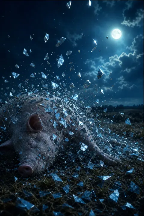 Forma de porco se estilhaça em fragmentos geométricos prateado-azuis sob luz lunar, sólido e vazio se fundem
