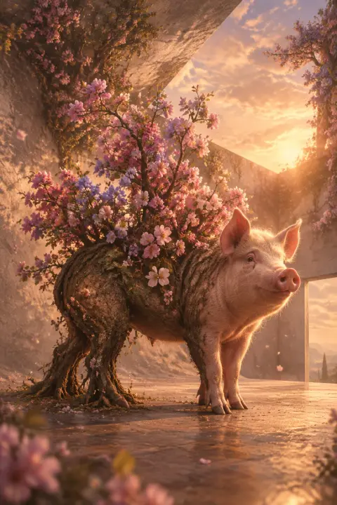 Um porco no crepúsculo se transforma em pomar florido, casca substituindo a pele enquanto flores violetas e rosa explodem de sua espinha