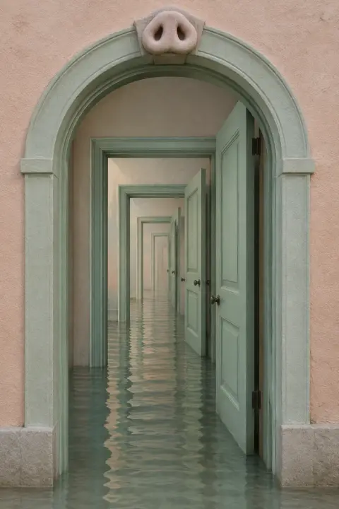 Um arco cor de pêssego com pedra chave em formato de focinho de porco revela portas que se dobram umas sobre as outras em água rasa