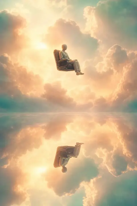 Floating passenger seat rises through peachy mint clouds, weightless traveler suspended above mirrored lake below