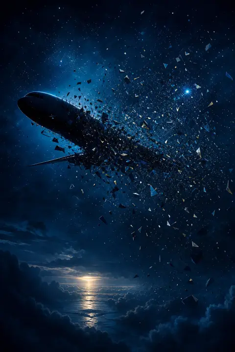 Silhouetted aircraft fuselage dissolving into geometric shards suspended in starlit indigo void, constellation scattering