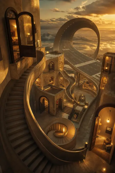 Vast golden terminal with spiral staircases and self-referential doorways beneath amber dusk, plane crash dream symbol