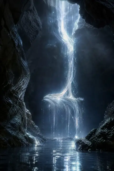 Luminous silver descent suspended in cold blue silence, moonlit plane crash dream symbol