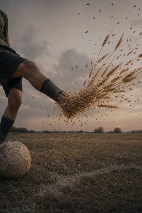 Soccer player's leg melting into golden wheat during surreal twilight kick
