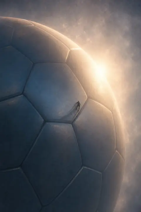 Enormous soccer ball floating in darkness with tiny climber ascending its hexagonal surface, unreachable horizon dream