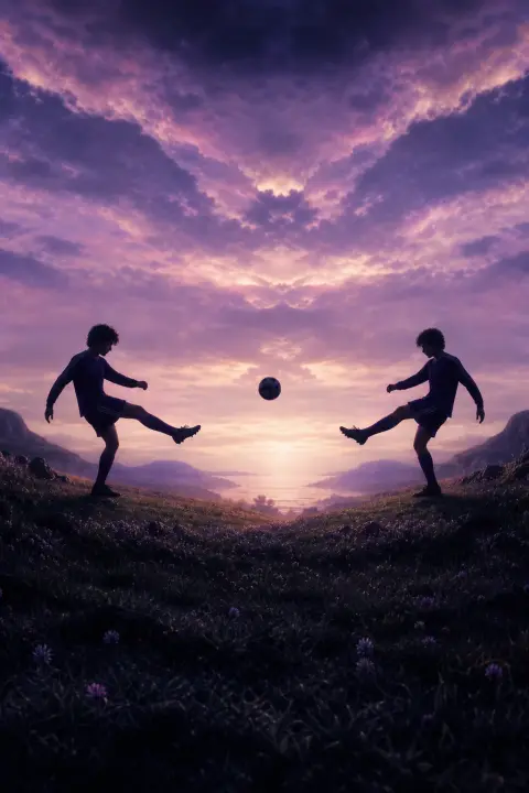 Two identical soccer players face each other across tilted violet field, ball suspended between them in perfect mirror symmetry