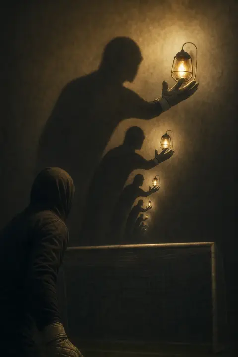Goalkeeper's shadow contains infinite nested goalkeepers, each glowing lantern-lit glove receding into darkness, nested soccer dream