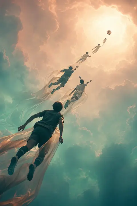 Soccer ball ascending through dawn sky with floating players trailing like silk ribbons toward luminous portal