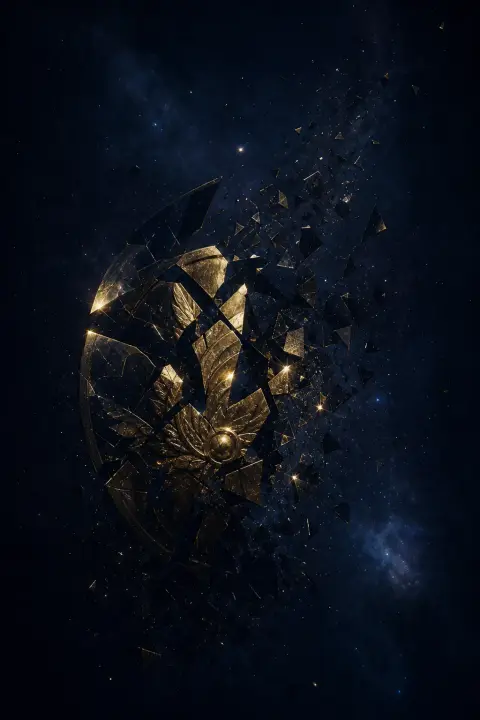 Distintivo policial se quebra em fragmentos geométricos sobre noite índigo, cada pedaço capturando luz estelar, dissolvendo-se em escuridão amorfa