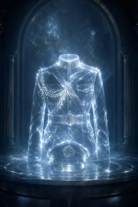 Luz prateada-azul de luar se tece em forma de uniforme e distintivo, sólida como tecido, irradiando anéis concêntricos de luminescência congelada, sonho policial