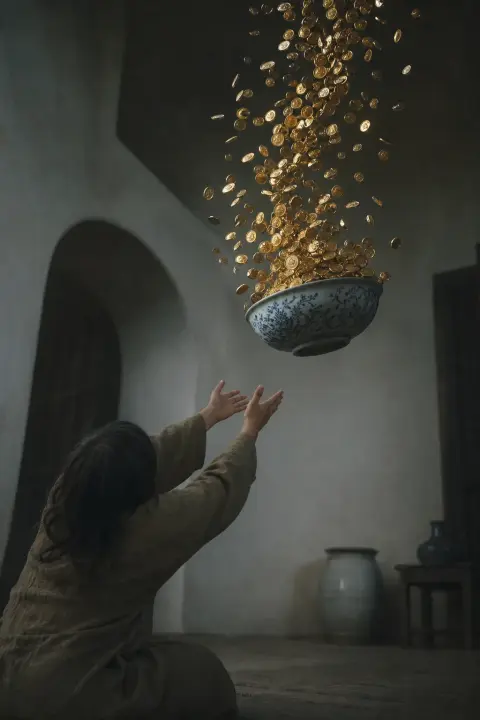 Golden coins and amber light ascend from porcelain bowl defying gravity, poop dream symbol of wealth transformation