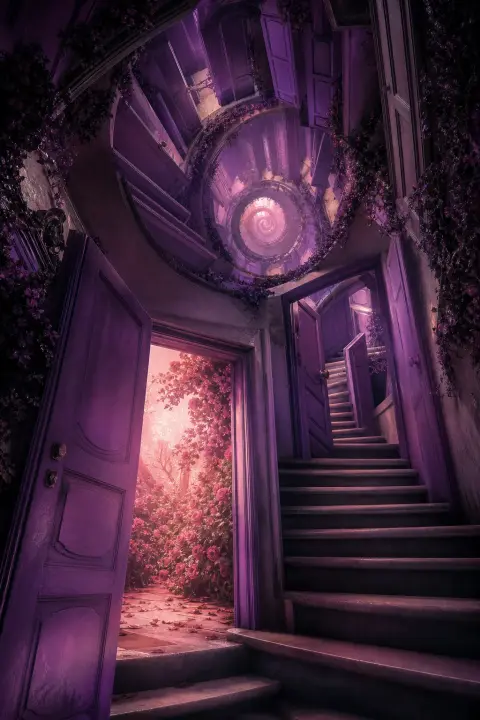 Spiral staircase of violet doors twists inward revealing rose garden, poop dream symbol of inner passage