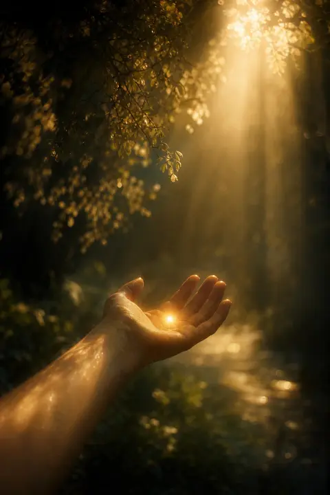Honeyed light woven through shadow pools in outstretched palm with warm amber glow, poop dream symbol