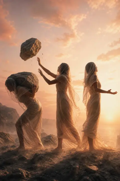Figure holds burden, releases it, stands free simultaneously in peach dawn light, poop dream symbol of transformation