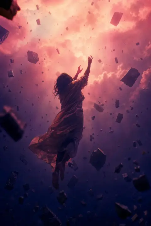 Person floating upward through violet air while stone blocks drift downward like rain, hands reaching toward unreachable rose sky, prison escape dream