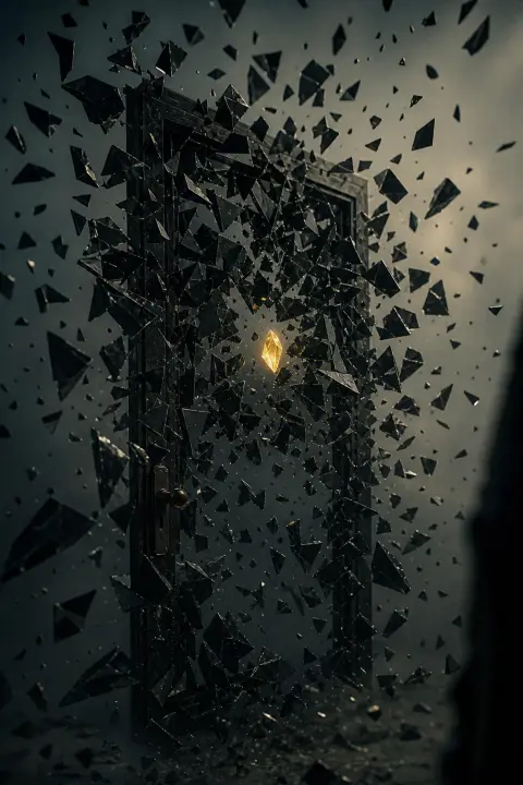 Locked door shatters into black shards suspended in void, one glowing amber fragment, prison breaking apart