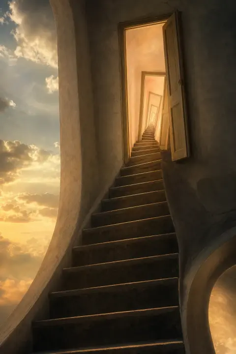 Impossible staircase climbing toward sideways doorway, shrinking peach rooms, tilted architecture, confinement dream