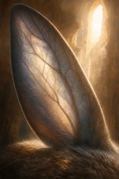 Single rabbit ear vast as cathedral dome, translucent silver-blue moonlight revealing glowing veins like star-routes through tissue.