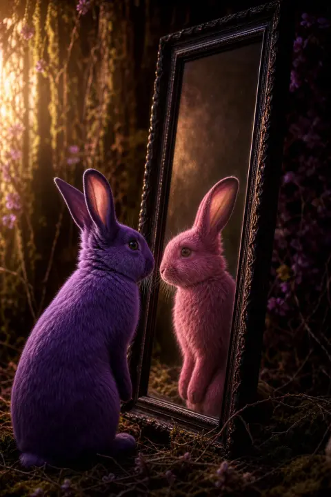 Two identical rabbits face each other across tilted mirror, one violet, one rose-hued, watching different directions unsettlingly.