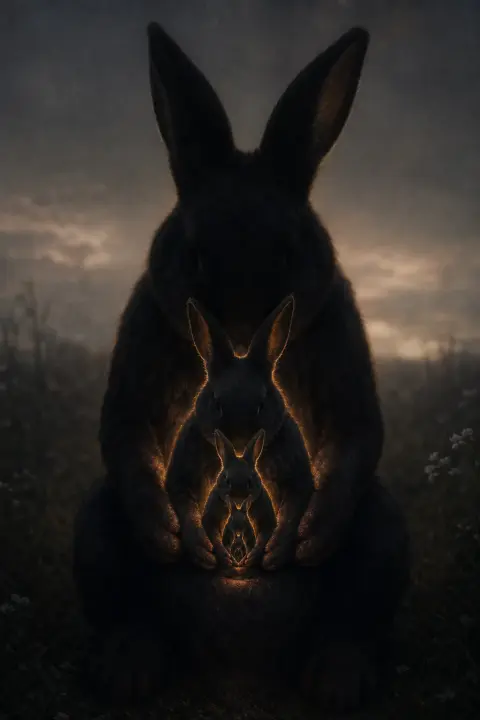 Rabbit silhouette holds smaller rabbit, which holds tinier one, nested infinitely, split by firelight revealing recursion.