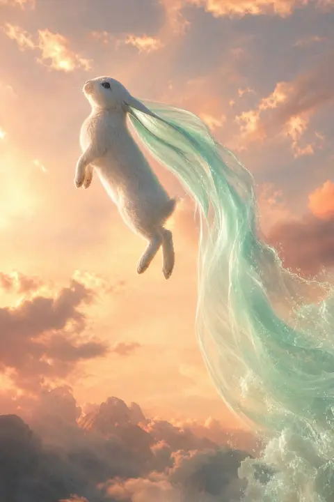 White rabbit floats upward through pale peach dawn, ears trailing mint-green light like water, gravity reversed.