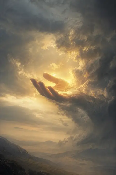 Sturmwolken verwandeln sich in offene Handfläche mit bernsteinfarbenem Licht, Traumsymbol der Metamorphose
