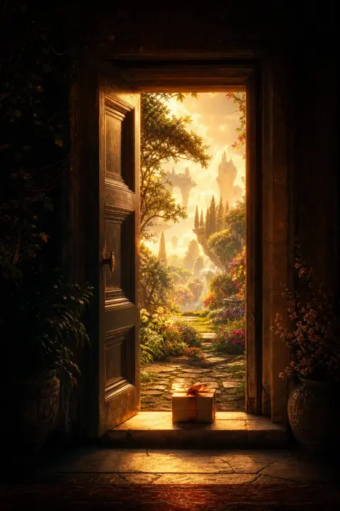 Porta de luz quente com um presente na soleira, abrindo para um jardim luminoso e impossível, presente vindo dos mortos