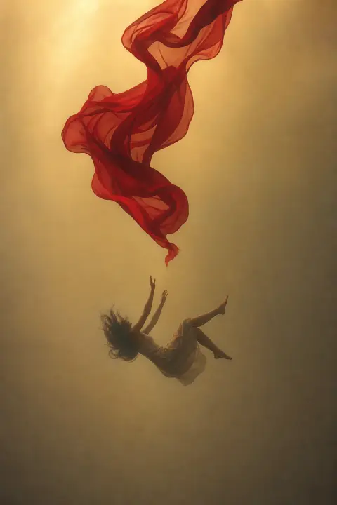 Karminrotes Kleid schwebt schwerelos in goldener Luft während Frauensilhouette nach oben hinab sinkt, Traum-Symbol rotes Kleid
