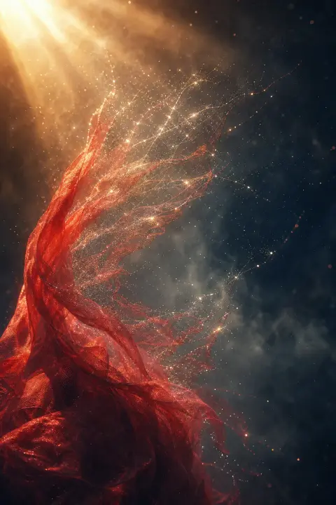 Mondlicht zerbricht auf auflosendem roten Kleid, Fäden zerstreuen sich wie leuchtende Sterne in kalter Leere, rotes Kleid