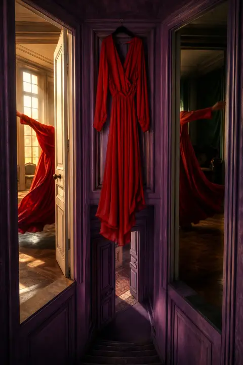 Rotes Kleid hängt in Türrahmen, der gleichzeitig zu drei Räumen führt, Gesten der Trägerin durch unmögliche violette Korridore verbunden