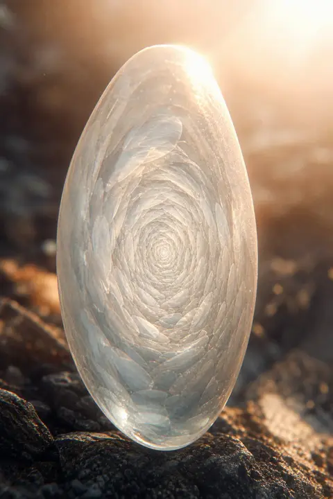 Einzelnes Reiskorn enthält unendlich verschachtelte Schichten im kalten Mondlicht, Spirale nach innen bis Wahrnehmung sich auflöst
