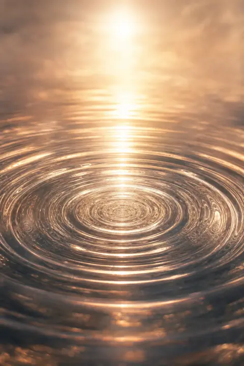 Moonlit ripples contain infinite smaller rings spiraling inward, each concentric circle dissolving into silver luminous texture and breathing silence