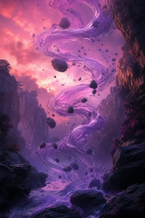 Violet river rises upward defying gravity, waters floating like silk ribbons toward rose sky, stones drifting weightlessly alongside ascending current