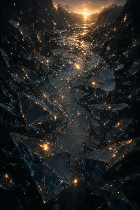 River fractures into thousands of glassy shards suspended in shadow, each fragment reflecting single warm ember, composing impossible geometry of breaking and holding
