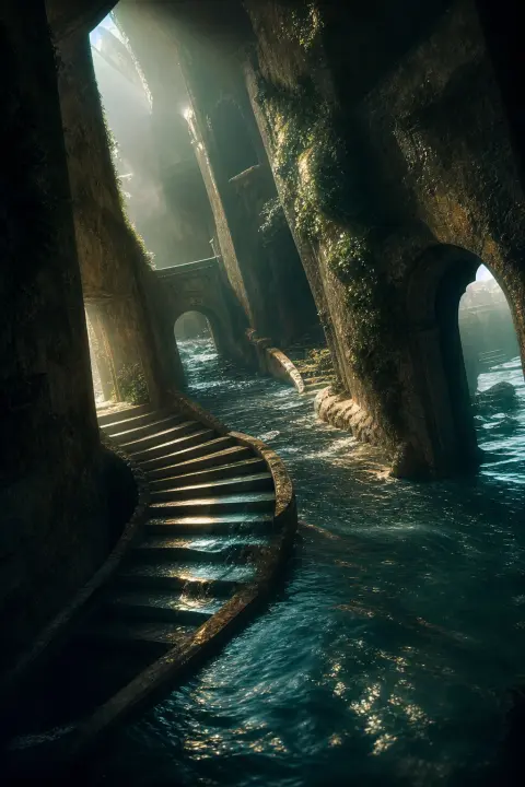 River winds through descending staircase while flowing upward, banks fold into doorways leading to water rooms, tilted at angles where pale dawn pools in impossible corners