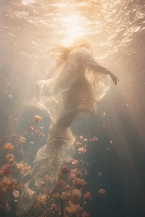 Figura esquelética con túnica translúcida ascendiendo por agua que sube como aire, luz alba pálida filtrándose, flores flotando sin peso