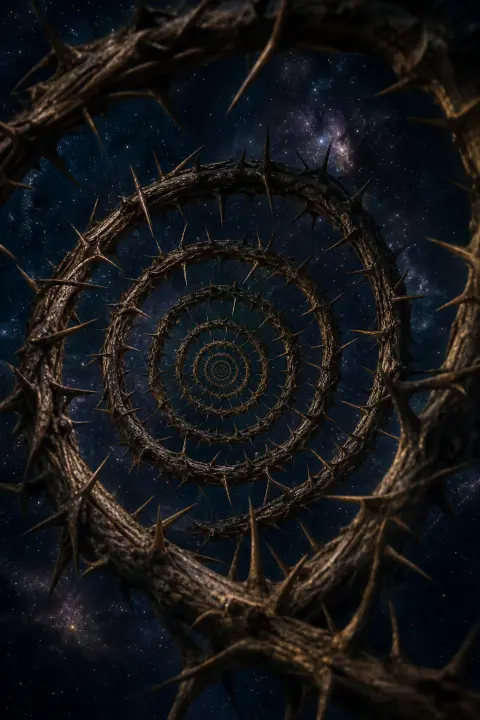 Spirale verschachtelter Dornen sinkt unendlich nach innen, jede Schicht kleiner, indigoblaue Leere mit fernen Sternen, Satan-Abstieg
