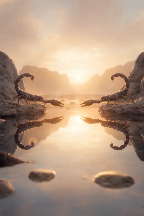 Dos escorpiones idénticos se enfrentan sobre agua quieta con reflejos perfectamente espejados bajo luz de alba melocotón