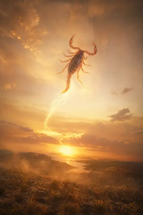 Escorpión flota hacia arriba a través de atardecer dorado ámbar como hoja ascendente en agua, cola dejando luz, suspendido entre tierra y cielo