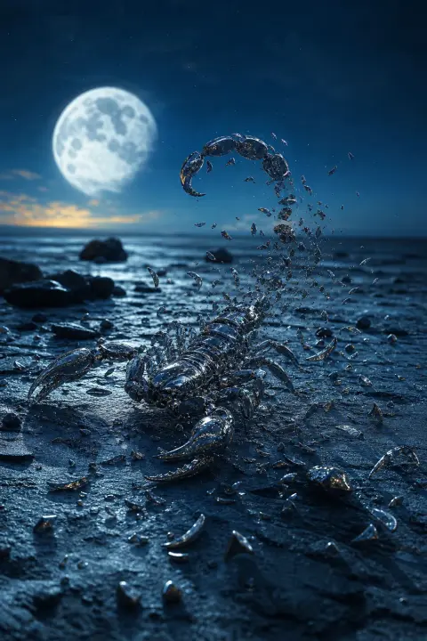 Escorpión se disuelve en fragmentos plateados precisos dispersándose sobre superficie iluminada por luna como constelaciones esparcidas reformándose y deshechas