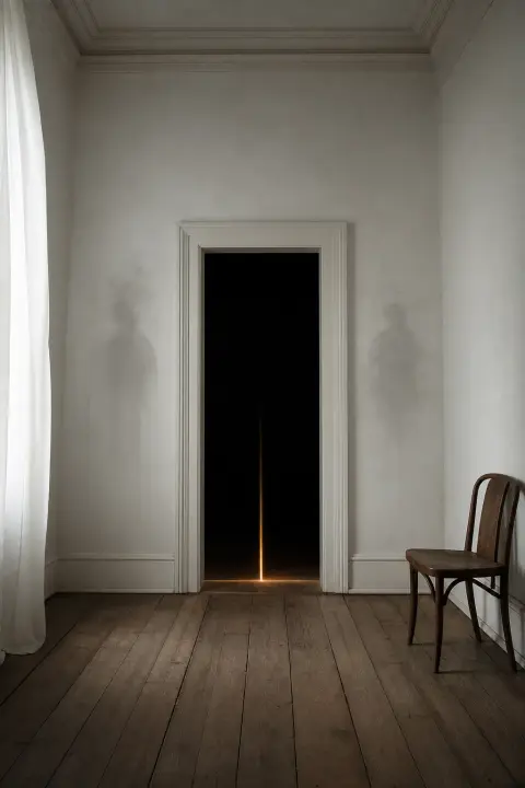 Porte sombre exhale lumière ambrée dans pièce blanche, silhouette de personne ombre s'efface des murs