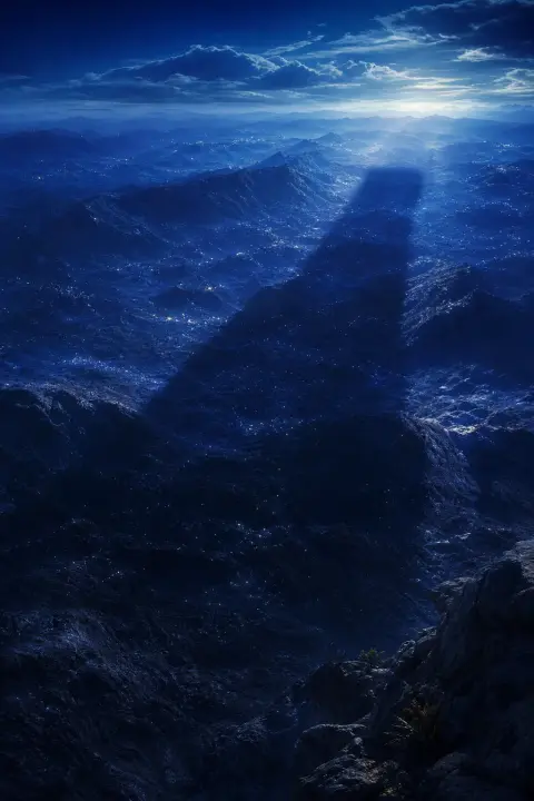 Ombre vaste projetée par figure invisible s'étend sur paysage indigo, parsemée de lumière stellaire froide, personne ombre présente partout