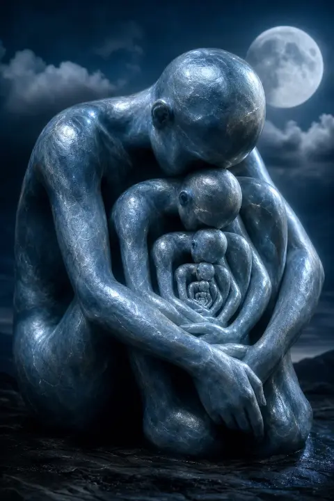 Figure argent-bleu illuminée par lune recroquevillée vers l'intérieur, personne ombre imbriquée infiniment dans moi plus petits, régression lumineuse de souffle dans souffle