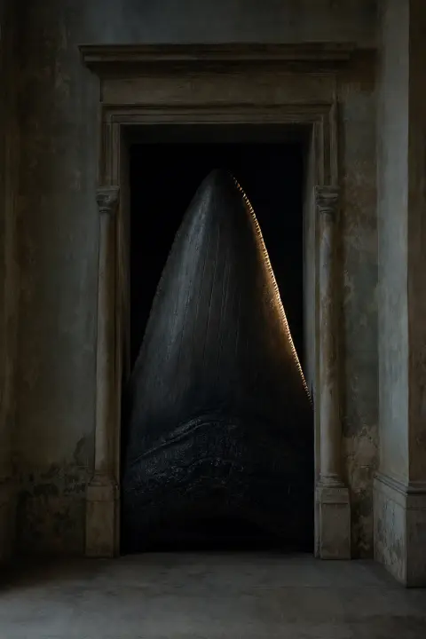 Monumental black shark tooth filling shadowed doorway, amber light edge, weapon and monument symbol