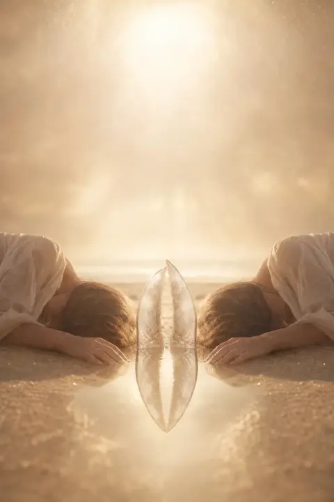 Two mirrored figures on pale sand with silvery shark fin reflecting between them, doubling symmetry