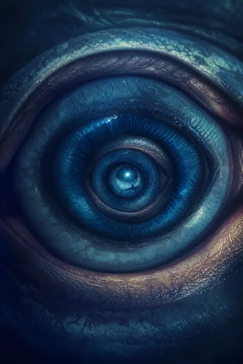 Shark swimming inside nested concentric eyes with starlight, dream symbol of layered threats