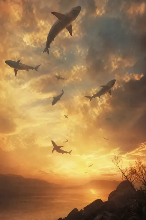 School of sharks floating upward through amber dusk, weightless bodies suspended in thick air, ascending toward sky